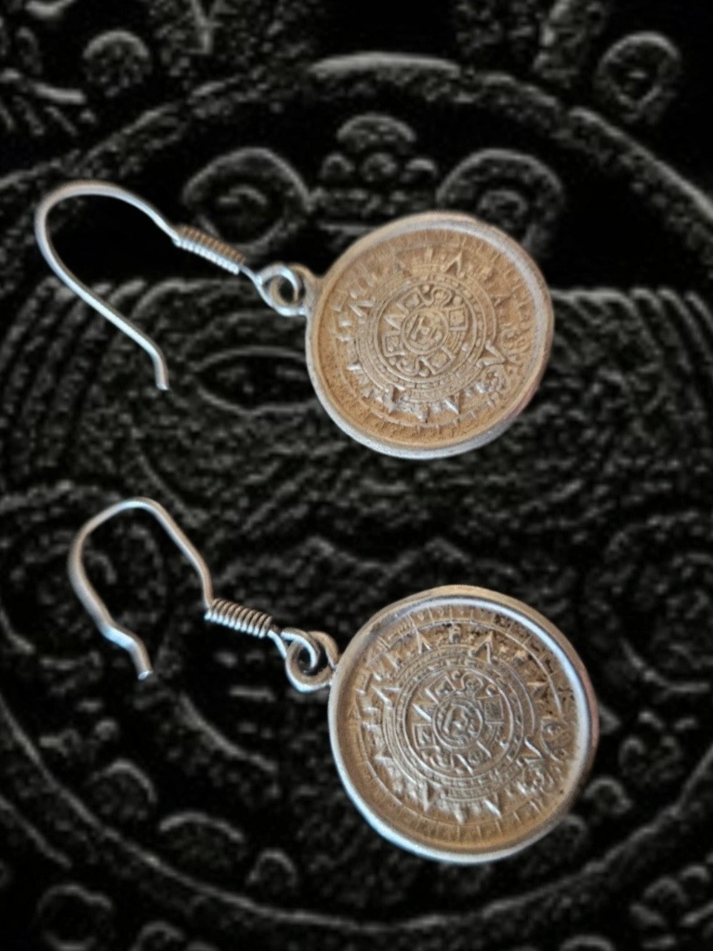 Vintage Mexico 925 Sterling Silver Aztec Sun Calendar Dangle Earrings